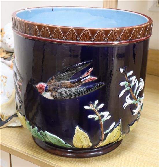 A Victorian majolica jardiniere, moulded with birds, diameter 36cm